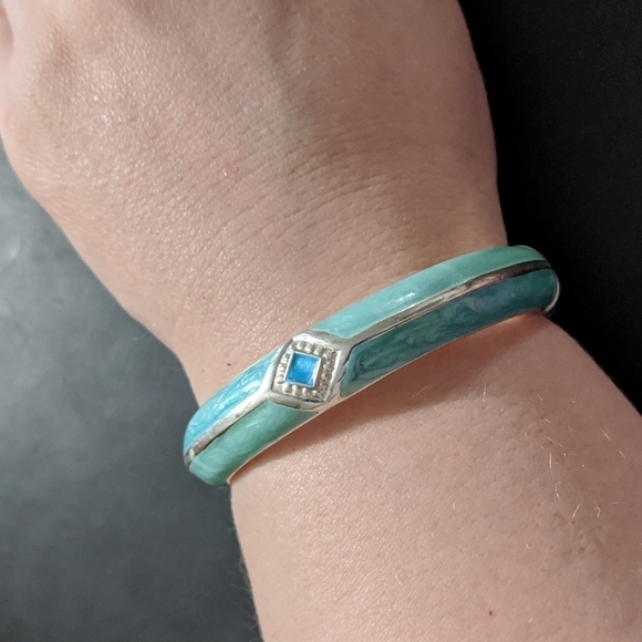 Silver Tone Light Blue Swirl Enamel Hinged Cuff Statement Bracelet - Picture 1 of 4